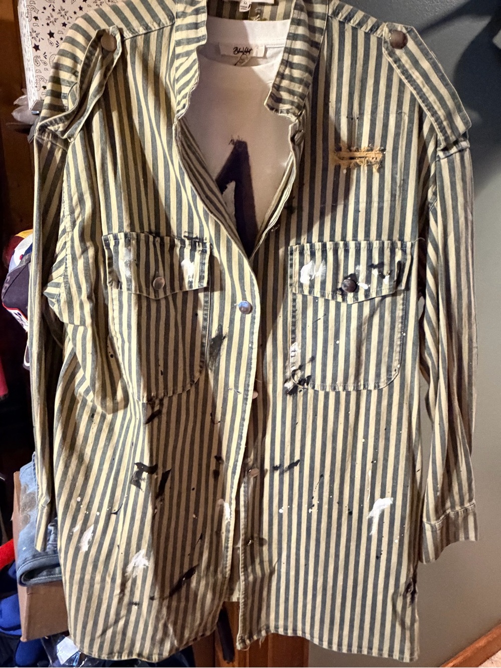 Yellow and Blue striped jacket with splattered paint pattern- Size M